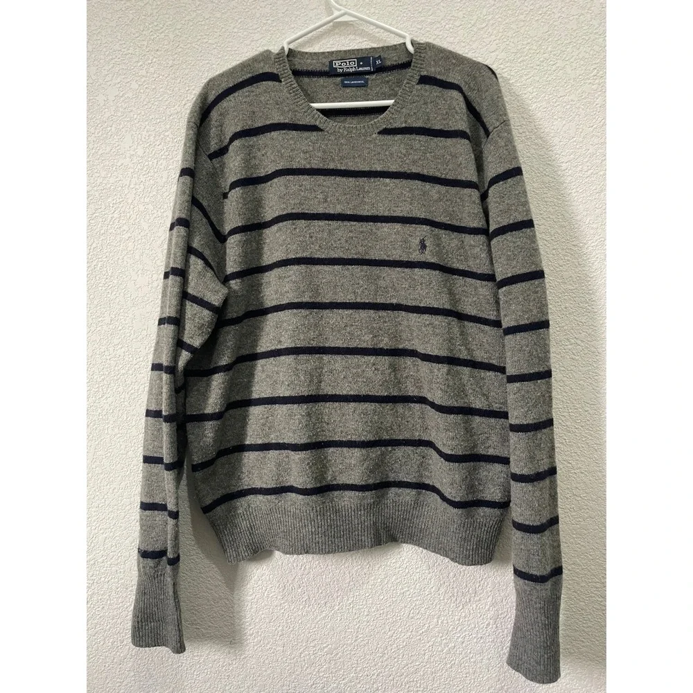 Polo Ralph Lauren Mens‎ XL Lambswool Striped Sweater Gray Blue Pony Logo